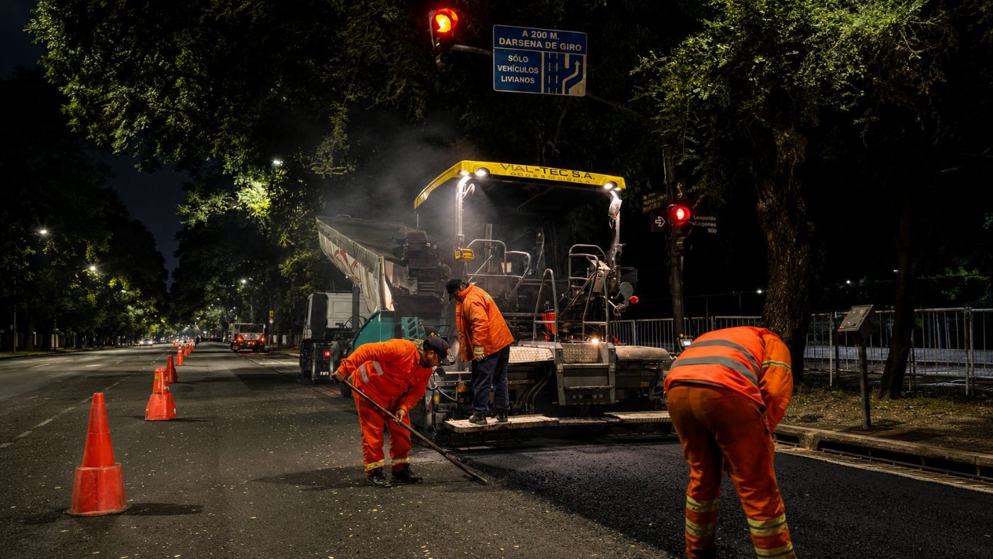 Pavimentación nocturna en Av. del Libertador